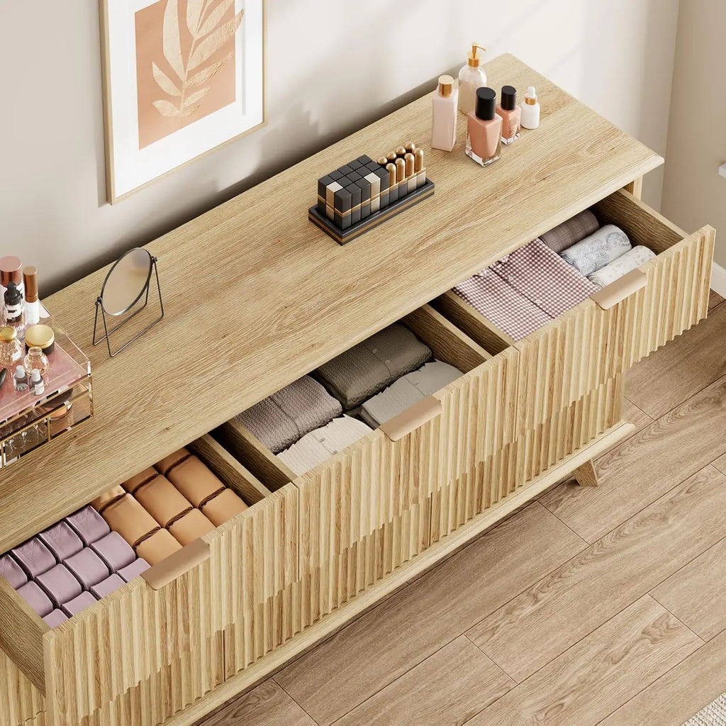 Fluted 9 Drawers Dresser, 59.1" Wide Modern Chest of Drawers with Metal Handle, Large Dresser TV Stand, Wood Drawer, Customized