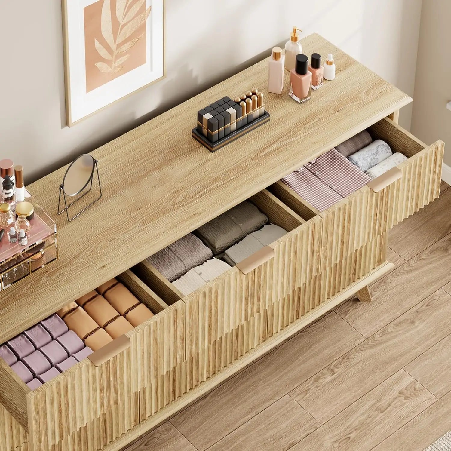 Fluted 9 Drawers Dresser, 59.1" Wide Modern Chest of Drawers with Metal Handle, Large Dresser TV Stand, Wood Drawer, Customized