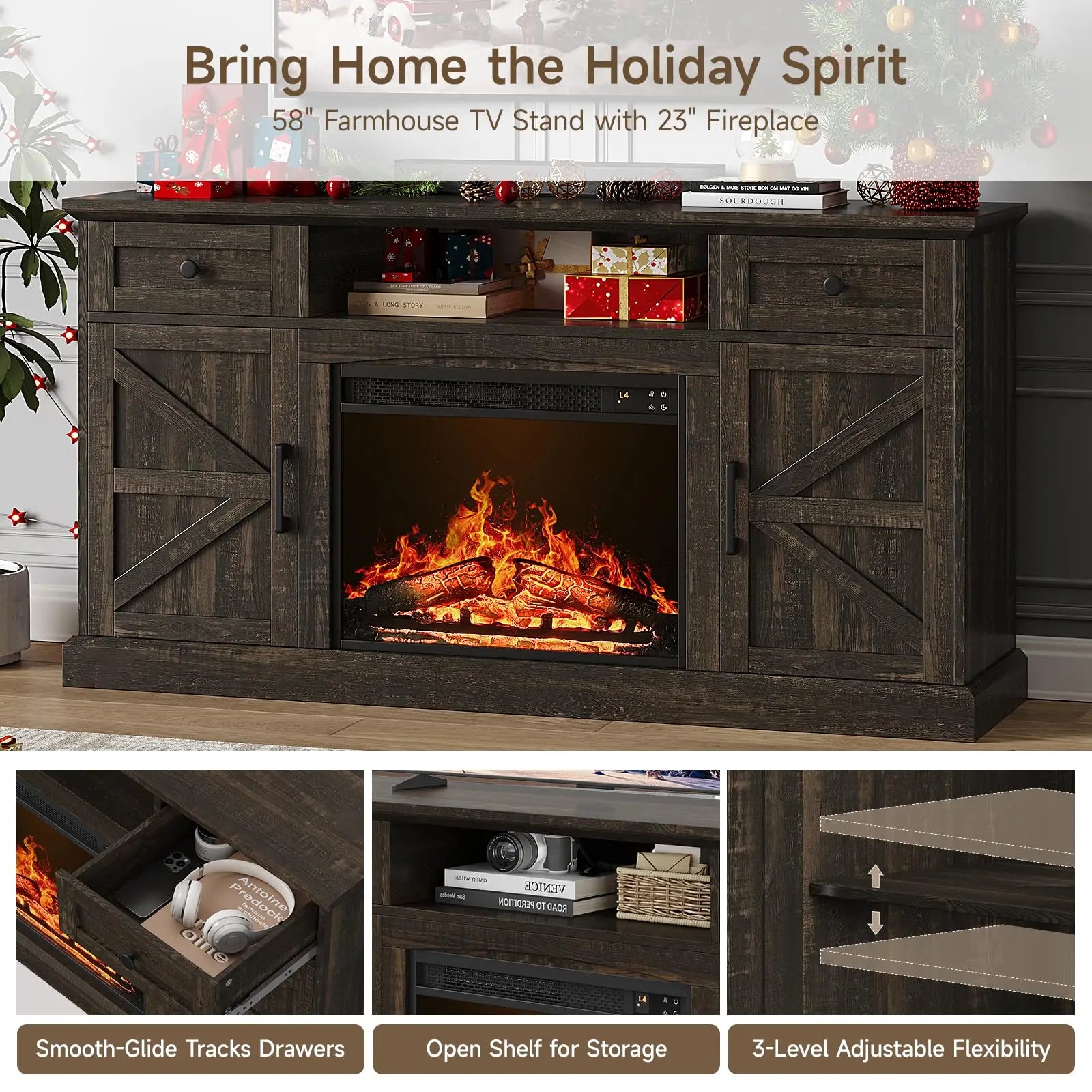 Brand Farmhouse Fireplace Entertainment Center for Tvs up to 70 Inches, Media Console Table with 23-Inch Electric Fireplace, Drawers and Storage