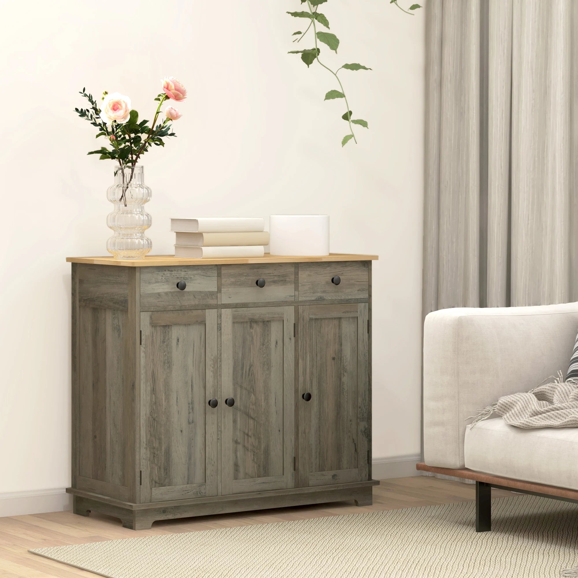 Sideboard Buffet Cabinet with Solid Wood Countertop, Modern Kitchen Storage Cabinet, Coffee Bar Cabinet with 3 Drawers, Doors and Adjustable Shelf, Distressed Gray