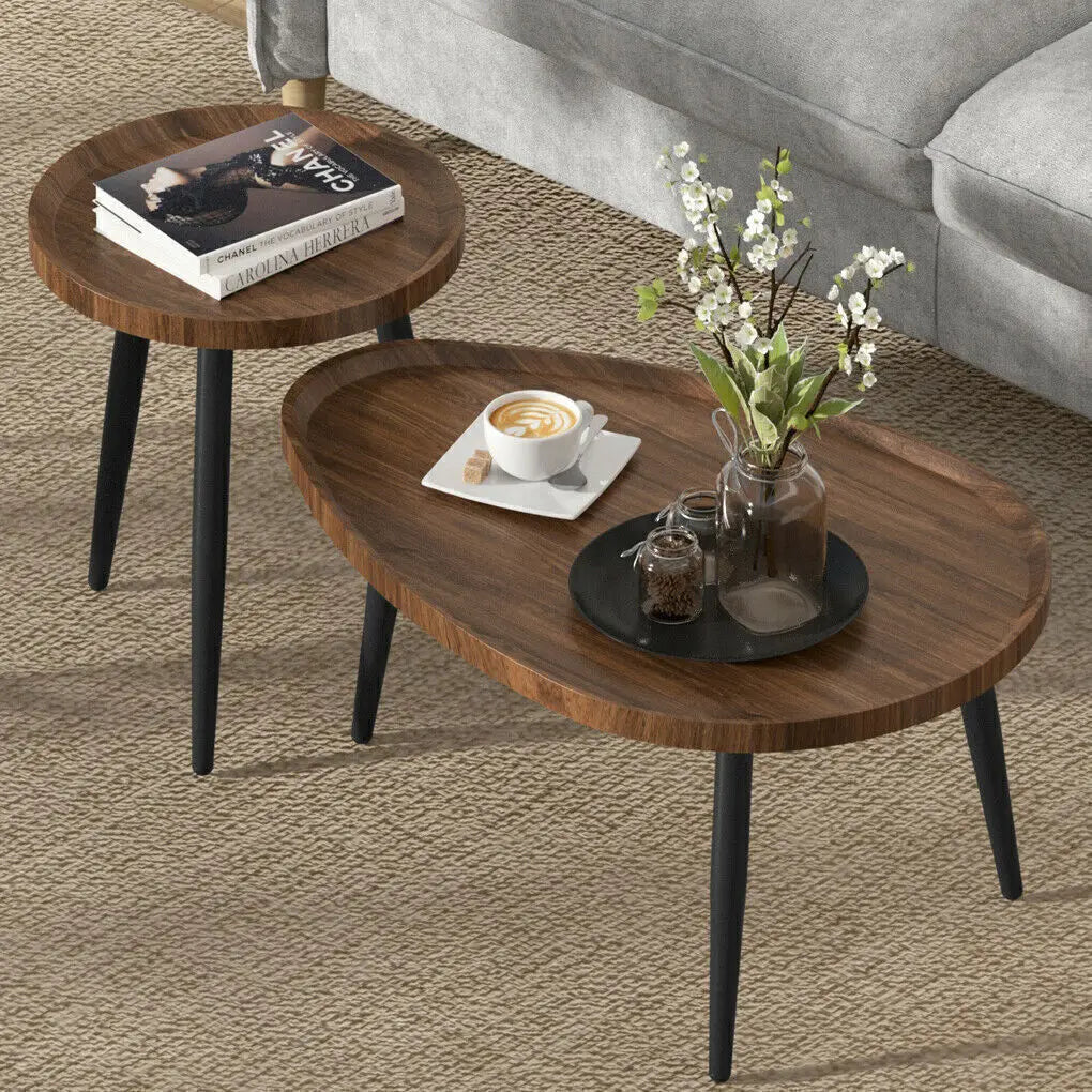 Round Coffee Table Set of 2 Rustic for Living Room Modern Nesting Tables for Balcony Office with Wood Table Top and Metal Legs
