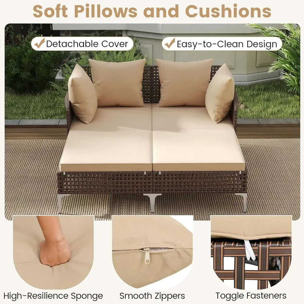Outdoor Double Chaise Lounger with Cushions and Pillows for Patio, Garden, and Poolside (Beige, 27.5''H)