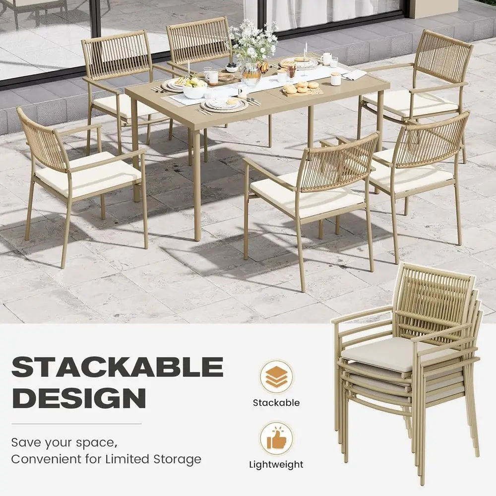 7-Piece Outdoor Dining Set with Wicker Patio Table & 6 Rattan Chairs – Beige