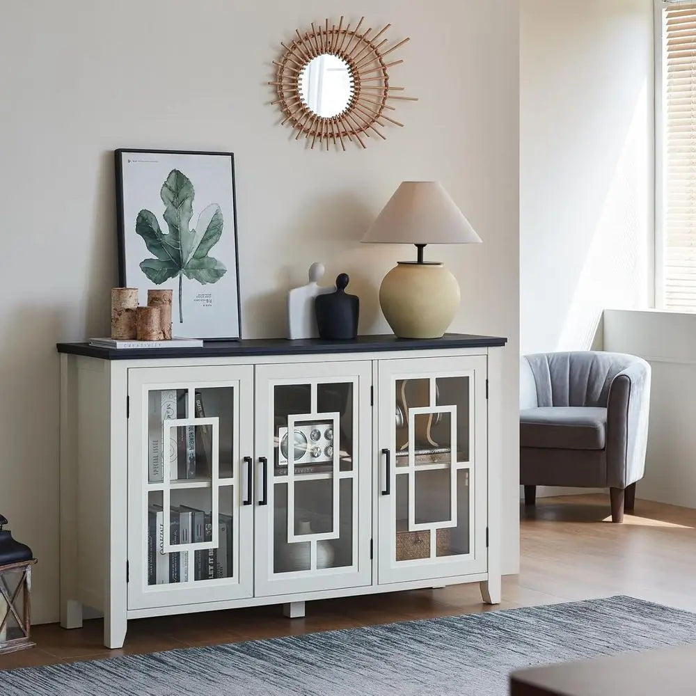 55 White Modern Sideboard Buffet Cabinet with Glass Door Storage for Kitchen, Dining, Living Room