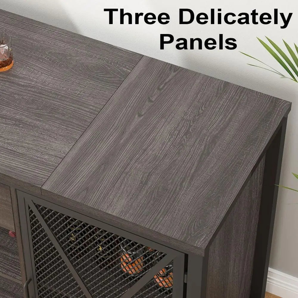70 Inch Rustic Wood and Metal Large Wine Cabinet with Storage for Kitchen Dining Room
