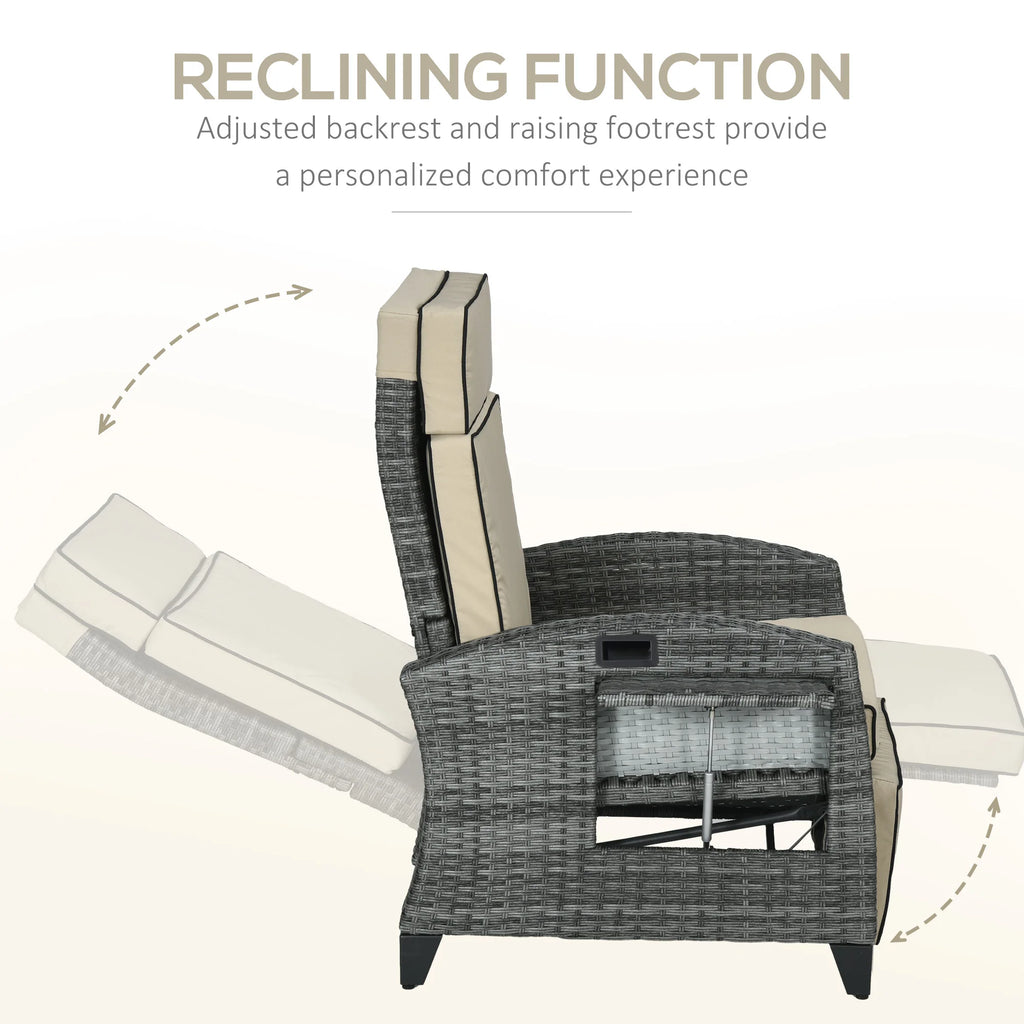 Outdoor Recliner Chair with Adjustable Backrest, Cushion, Khaki