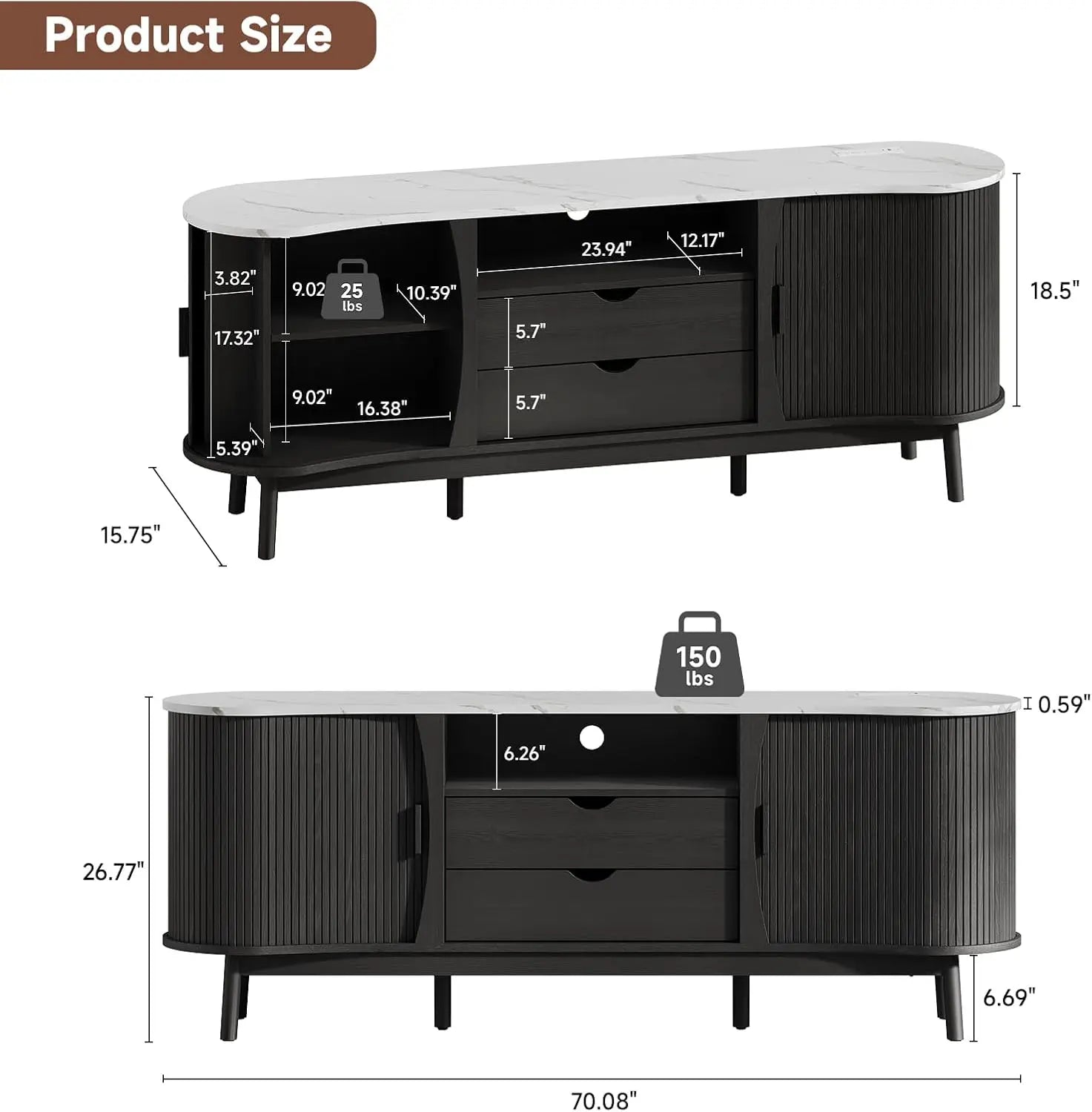 70-Inch Fluted TV Stand Entertainment Center for Tvs up to 80", Mid-Century Modern Bean-Shaped Console with Usb/Outlet, LED Lights & Storage - for Living Room, Bedroom (Black/Walnut)