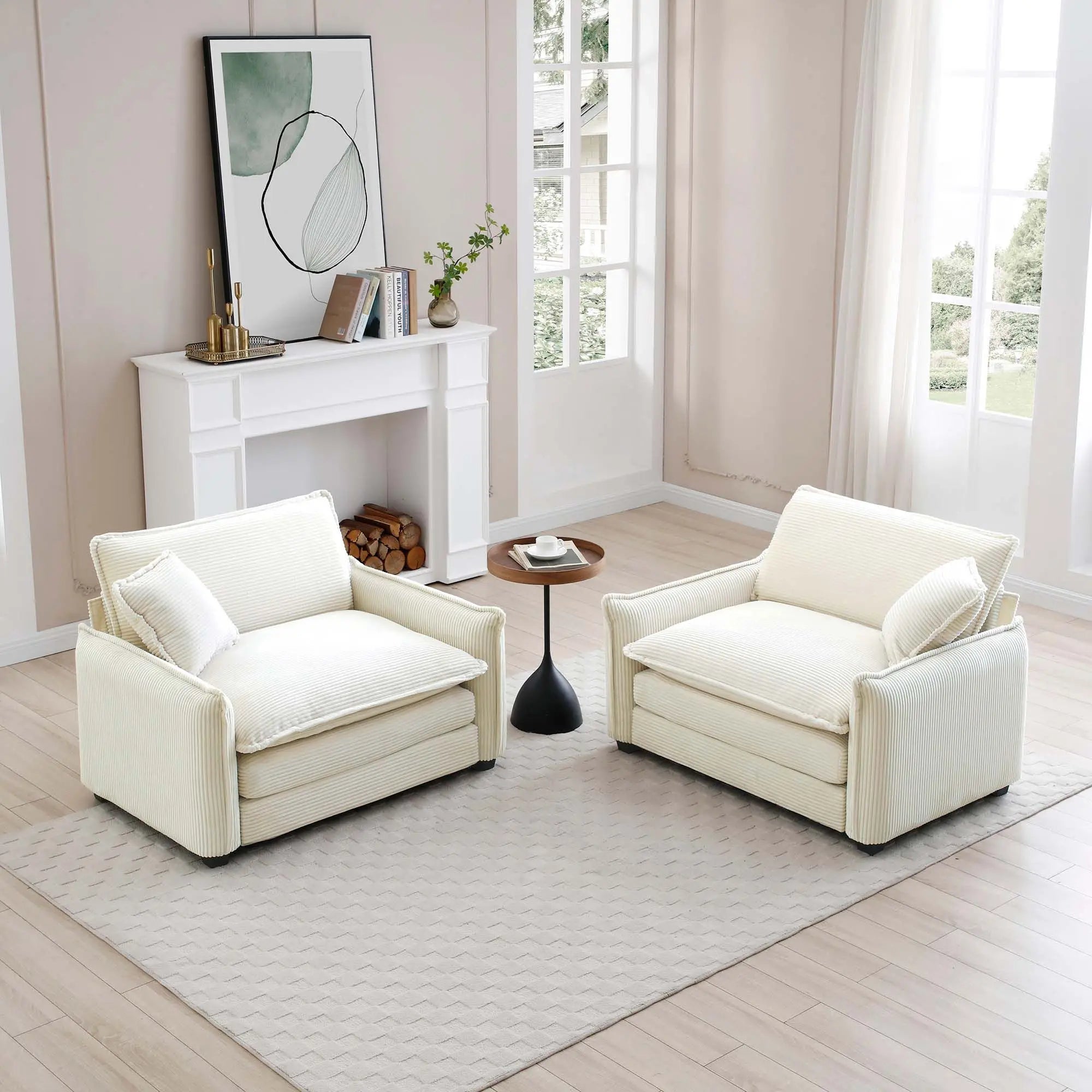 Beige Corduroy Deep-Seated Living Room Sofa Set with 2 Single Sofas – Luxury & Sophisticated Modern Comfort