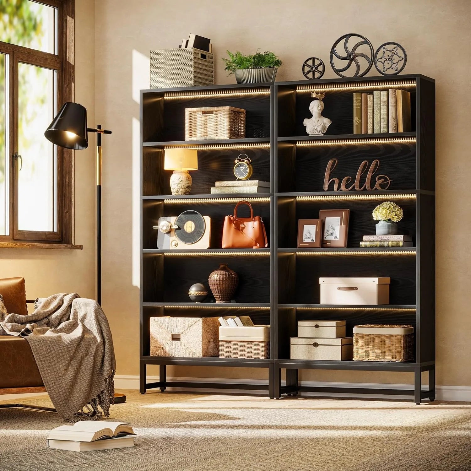 Tall Black Bookcase, 70.8 Inch Large LED Light Bookcase, 5 Tier Free Standing Storage Bookshelf for Living Room
