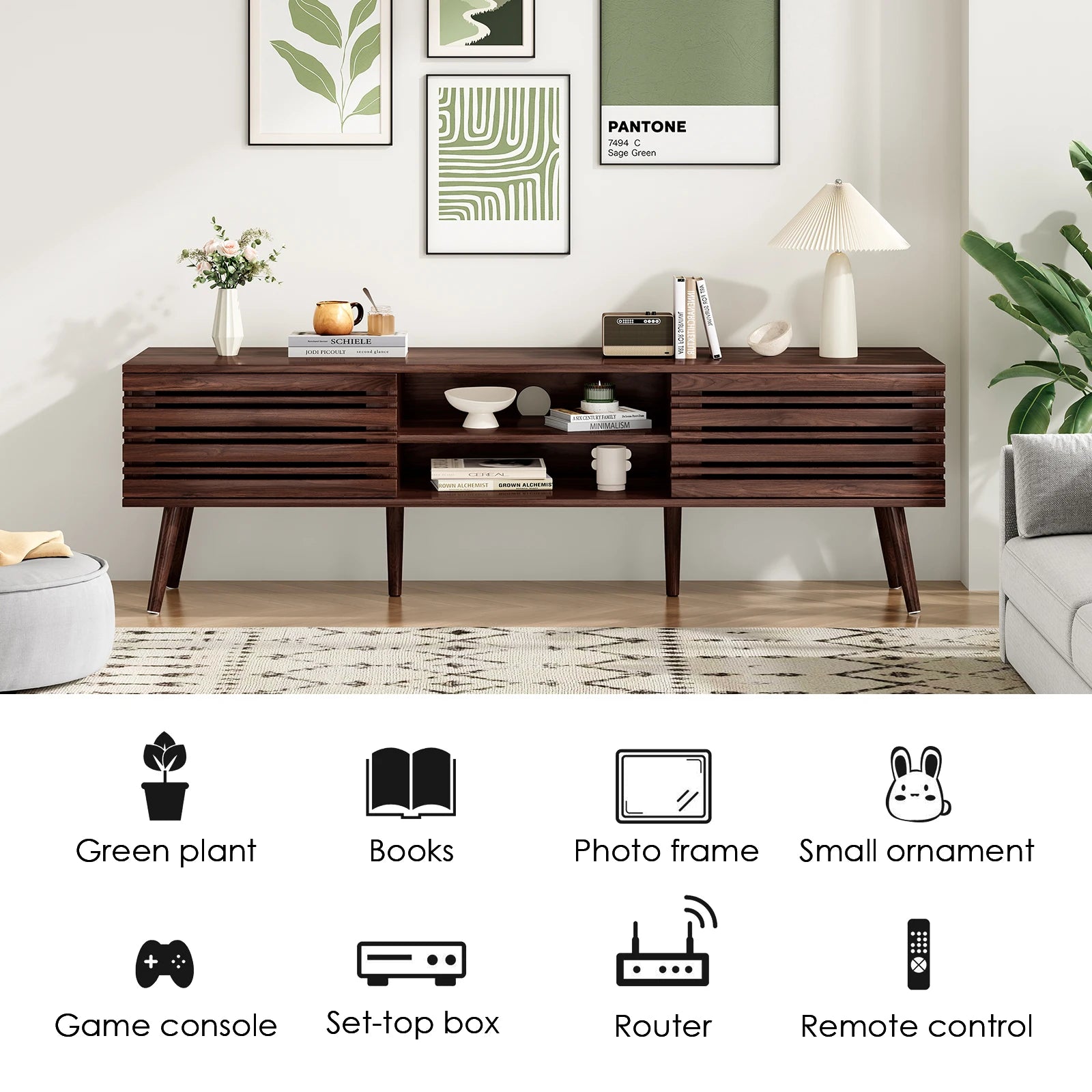 Mid Century Modern TV Stand for Tvs up to 70", Wood Media Console with Storage & Cable Management for Living Room