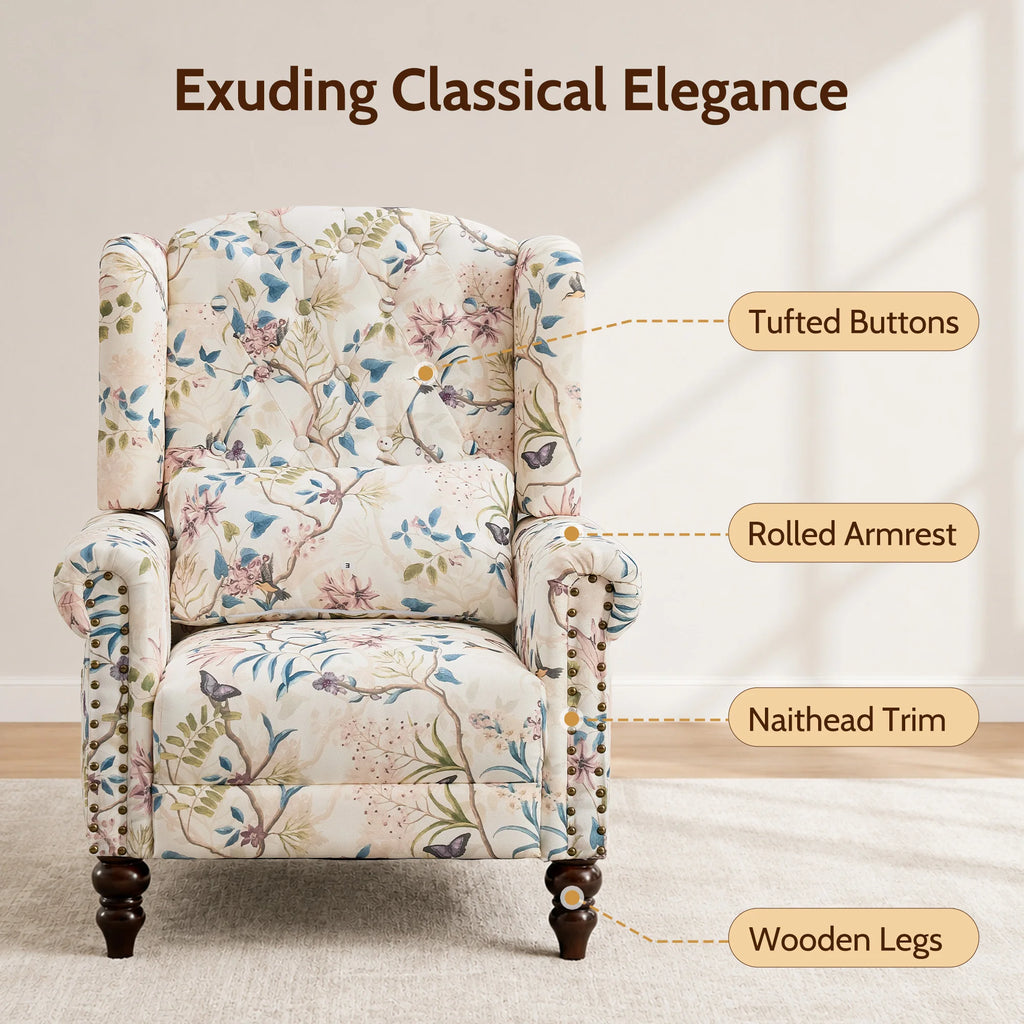 Vintage Floral Wingback Club Accent Chair with Arms Mid-Century Modern Armchair Fabric Upholstered Mid Back Single Sofa Chair for Home