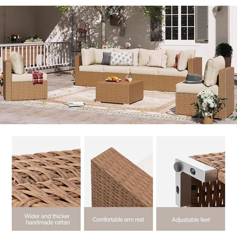 7-Piece Outdoor Patio Furniture Set: Sectional Sofa with Wicker Rattan and Cushions, Glass Table (Cream White)