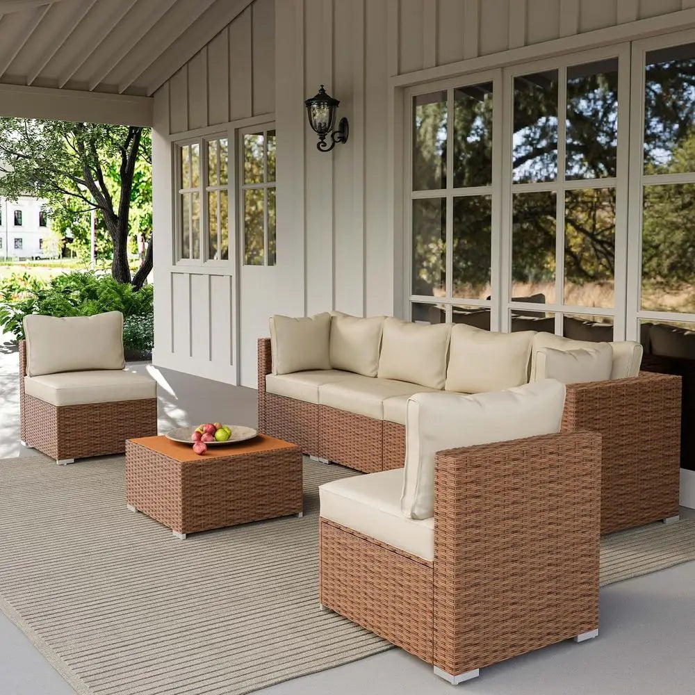 7-Piece Outdoor Patio Furniture Set: Sectional Sofa with Wicker Rattan and Cushions, Glass Table (Cream White)