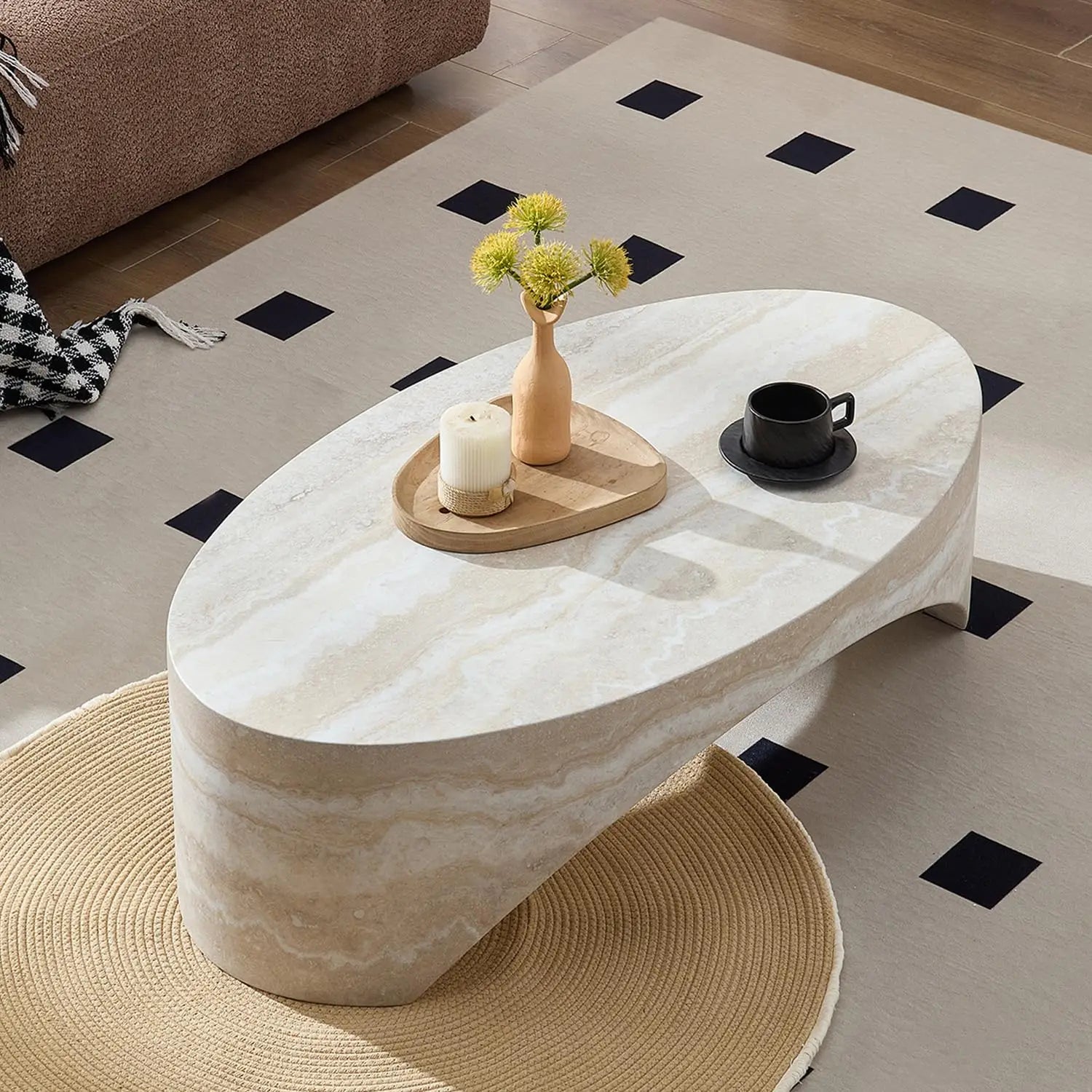 43.31'' Modern Coffee Table, Oval Faux Marble Coffee Tables Arched, Minimalist Accent Center Table, Bridge Stone Side End Table