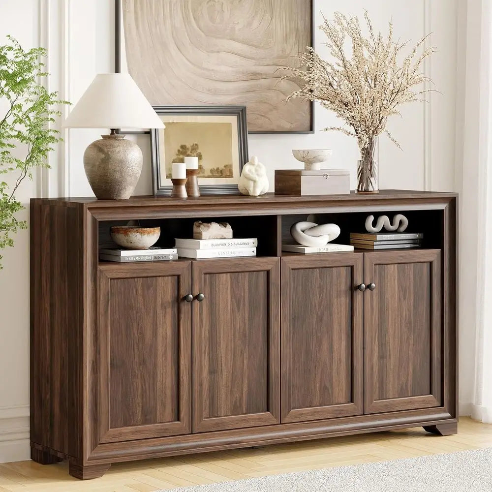60 Inch Sideboard Buffet Cabinet with Storage, Open Shelves & Adjustable Shelves, Suitable for Kitchen, Coffee Bar, Living Room,
