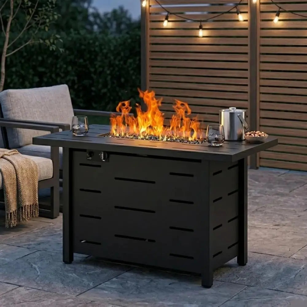4-Piece Outdoor Patio Furniture Set with 43 Propane Gas Fire Pit Table, Wicker Sectional Sofa for Backyard, Poolside, Garden (Be