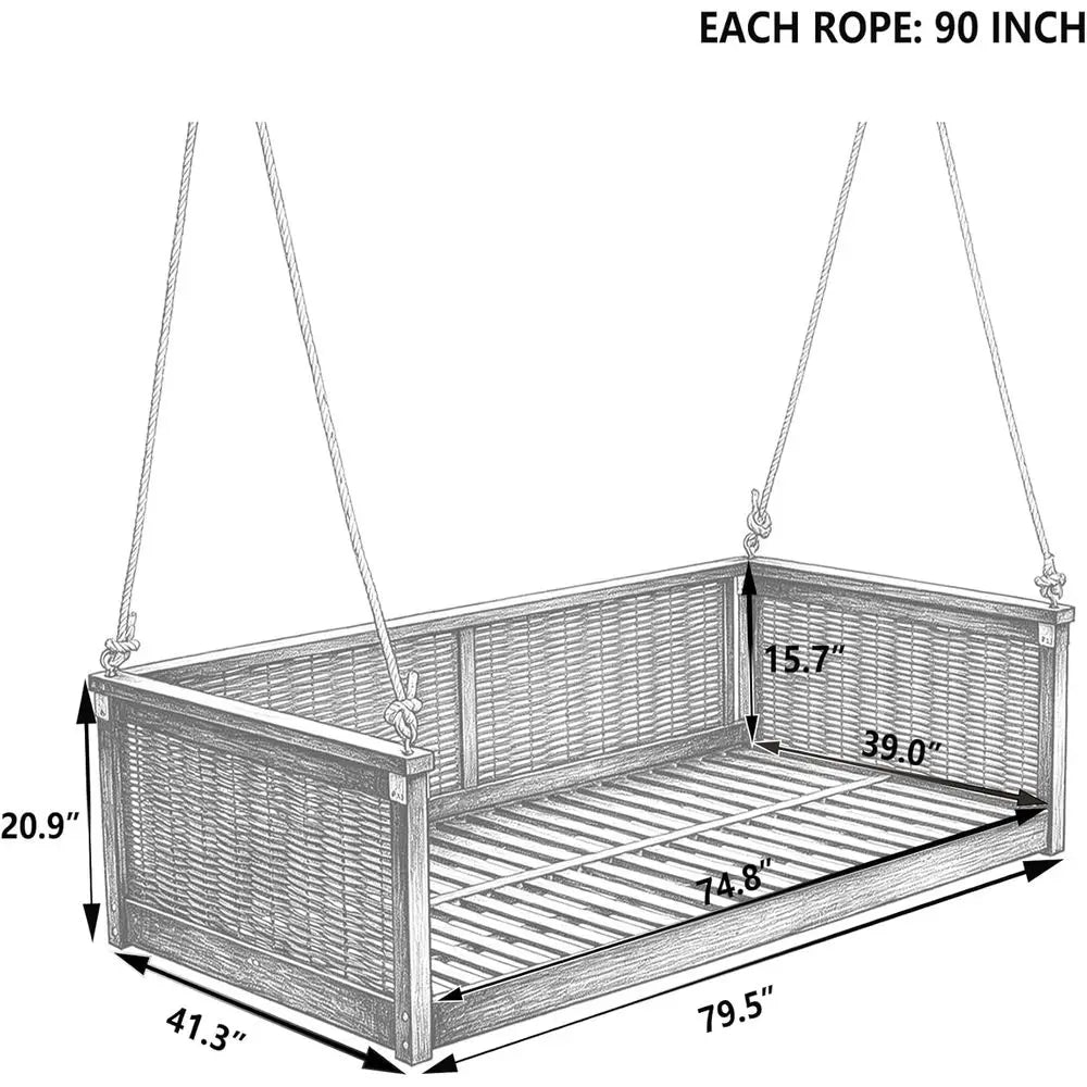 Durable 350Lb Capacity Rattan Swing Bed for Outdoor Use - Ideal for Porch, Backyard, Poolside, and Garden in Light Teak Finish
