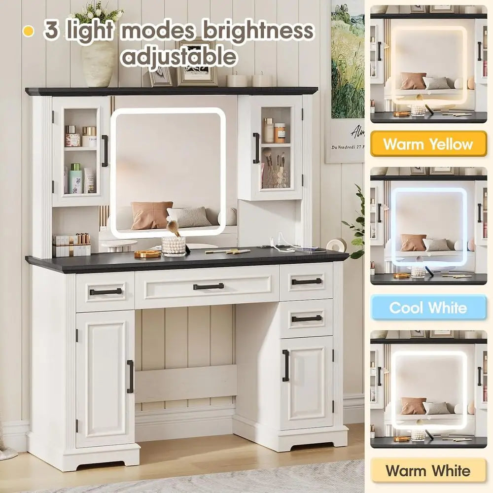 45-Inch White Makeup Vanity Desk with Mirror – LED Lights, Charging Station, Drawers & Cabinet Storage