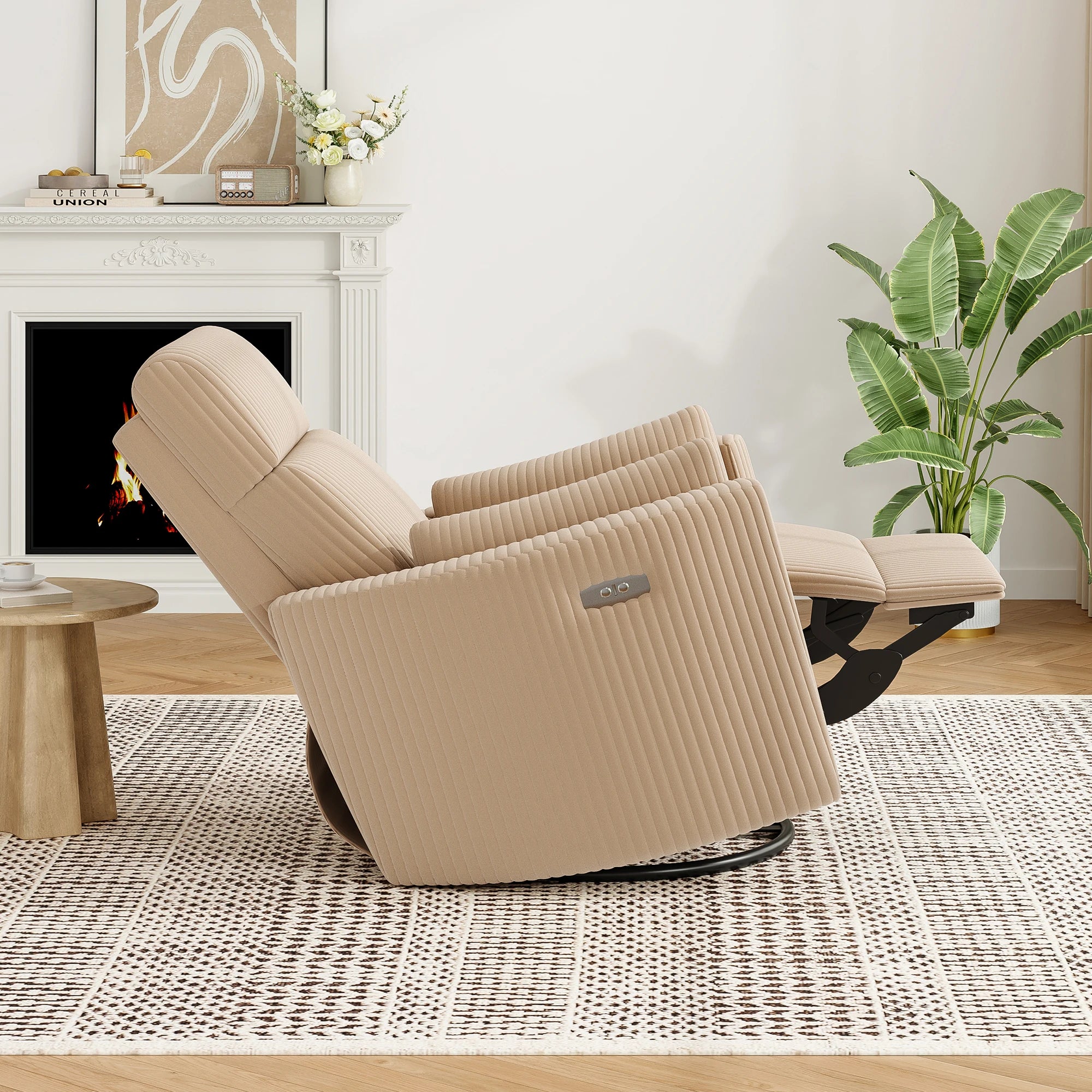 Electric Swivel Recliner Chair with USB Ports, Chenille Fabric, 300Lbs Capacity, Soft Pillows, for Living Room Home