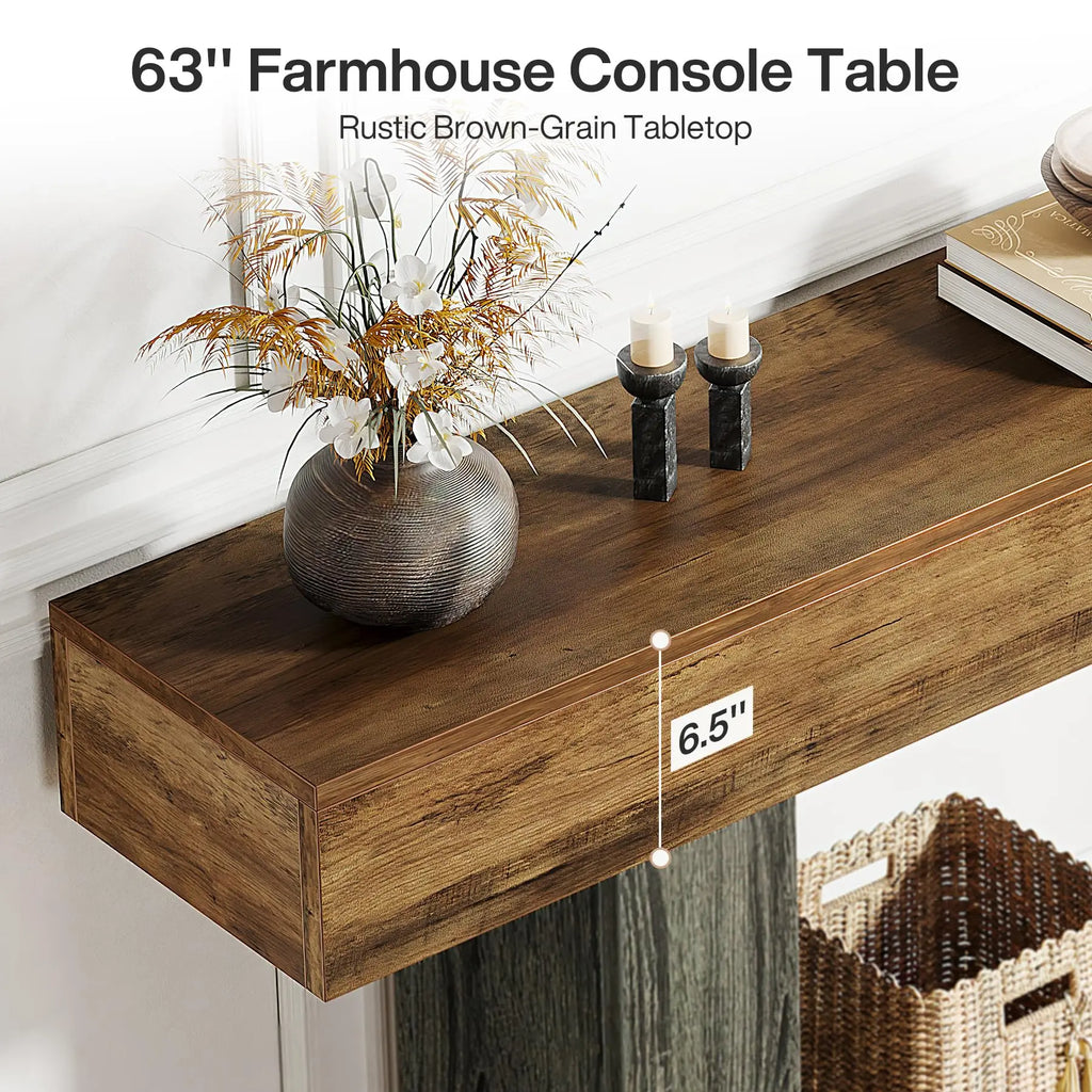 63" Console Table, Farmhouse 2-Tier Entryway Table with U-Shaped Base,Narrow Long Wood Sofa Table behind Couch Table