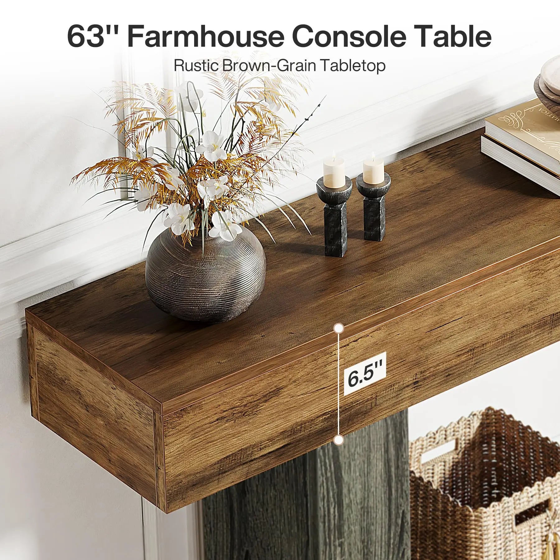 63" Console Table, Farmhouse 2-Tier Entryway Table with U-Shaped Base,Narrow Long Wood Sofa Table behind Couch Table