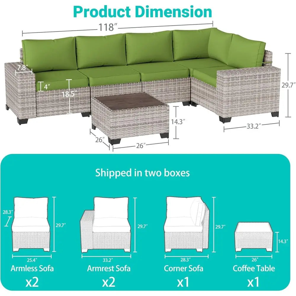 6-Piece Outdoor Patio Wicker Sectional Sofa Set with Cushions for Garden, Backyard, Poolside in Avocado Green