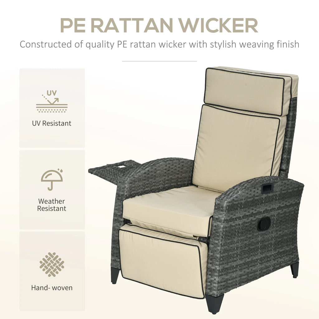 Outdoor Recliner Chair with Adjustable Backrest, Cushion, Khaki