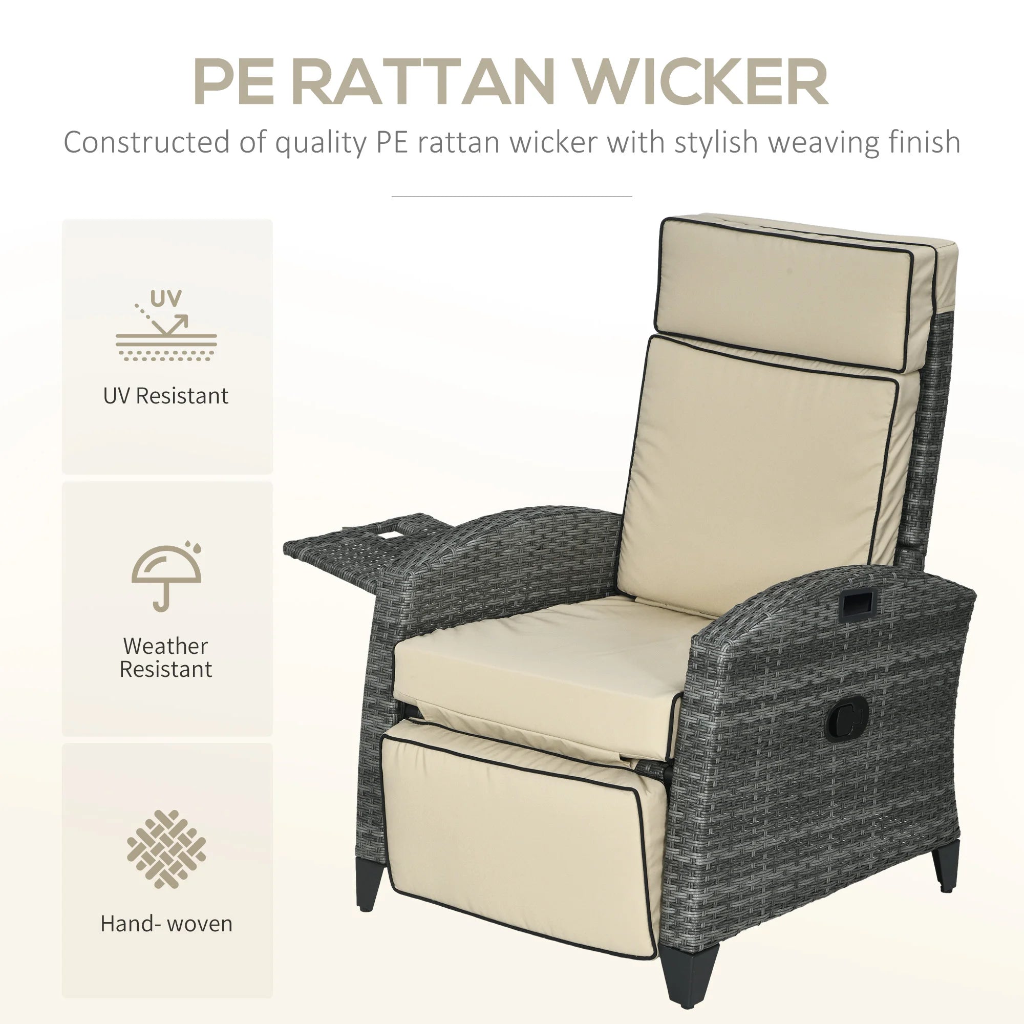 Outdoor Recliner Chair with Adjustable Backrest, Cushion, Khaki