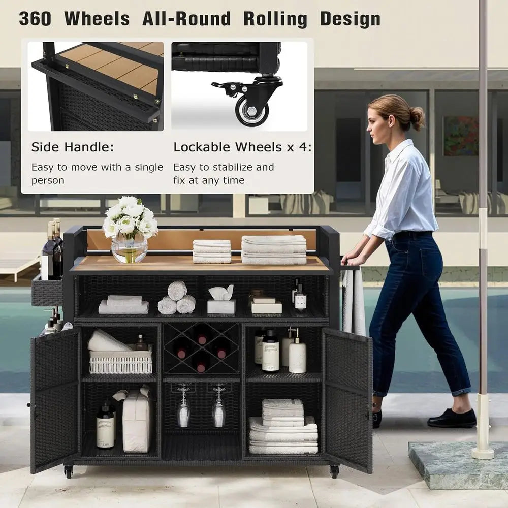 Black Outdoor Wicker Bar Cart with Extendable Plastic Wood Top and Large Storage Cabinet for Patio, Garden, and Poolside