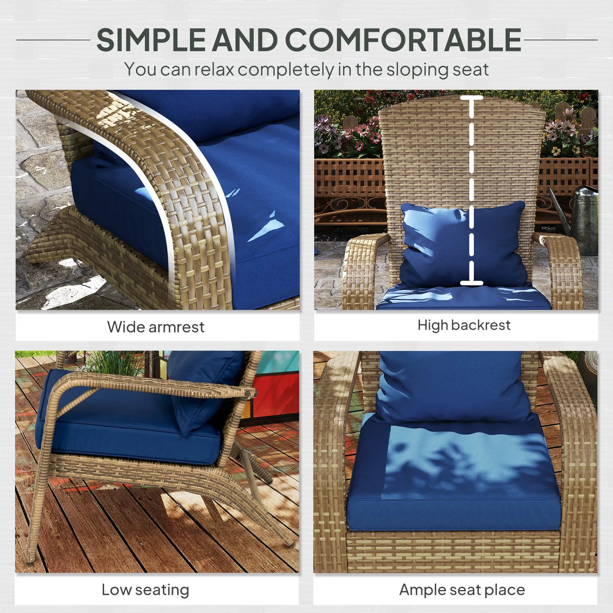 Patio Adirondack Chair with All-Weather Rattan Wicker, Soft Cushions, Tall Curved Backrest for Deck or Garden, Dark Blue