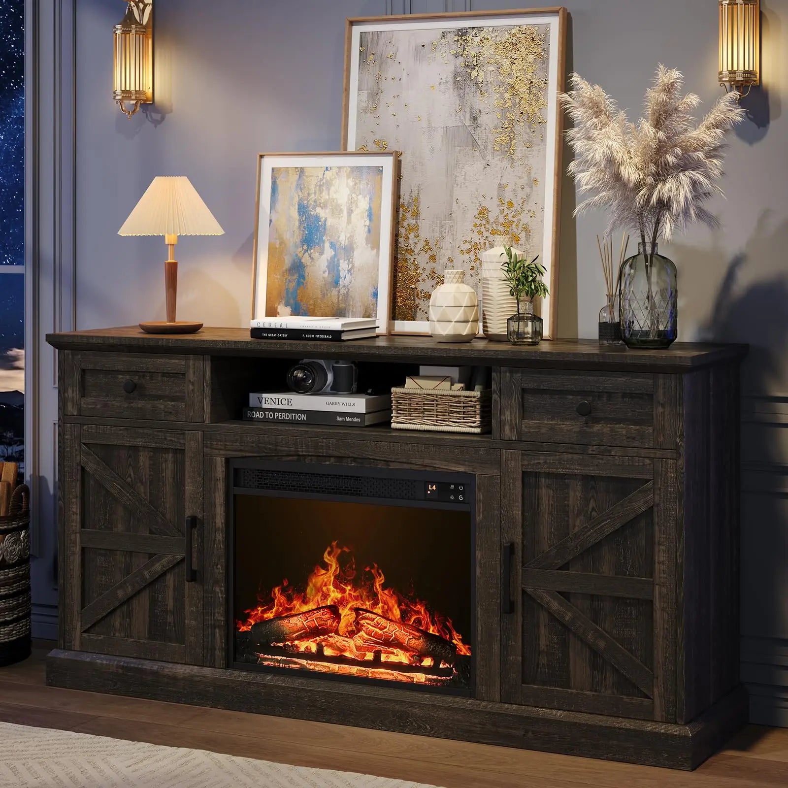 Brand Farmhouse Fireplace Entertainment Center for Tvs up to 70 Inches, Media Console Table with 23-Inch Electric Fireplace, Drawers and Storage