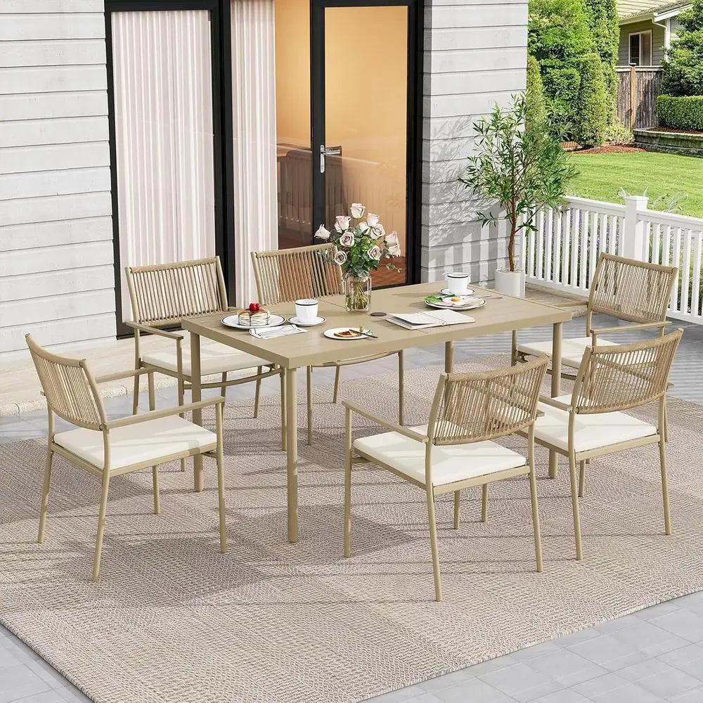 7-Piece Outdoor Dining Set with Wicker Patio Table & 6 Rattan Chairs – Beige