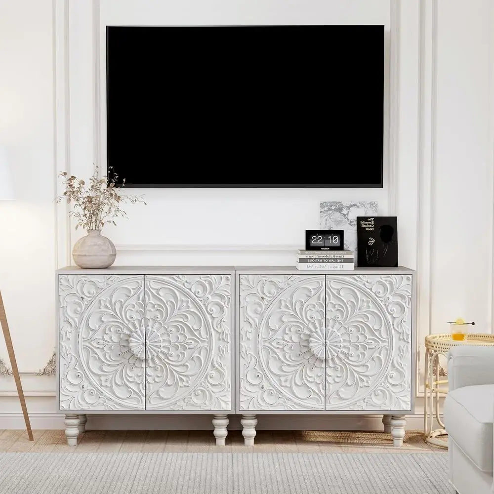 French-Style Vintage Sideboard Cabinet, 62 Wide, with 2 Carved Doors for Living, Hallway, Dining Rooms
