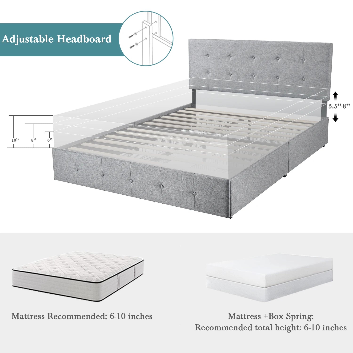 Platform Storage Bed Frame with 4 Drawers, Adjustable Headboard with Square Stitched Button Tufted Design Allewie