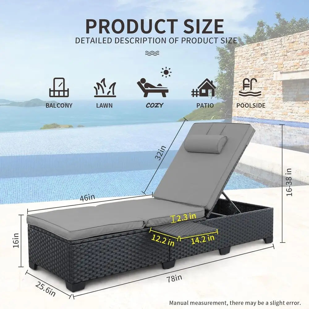 2-Piece Outdoor Patio Recliner Lounge Chair Set with Adjustable Backrests & Grey Cushions