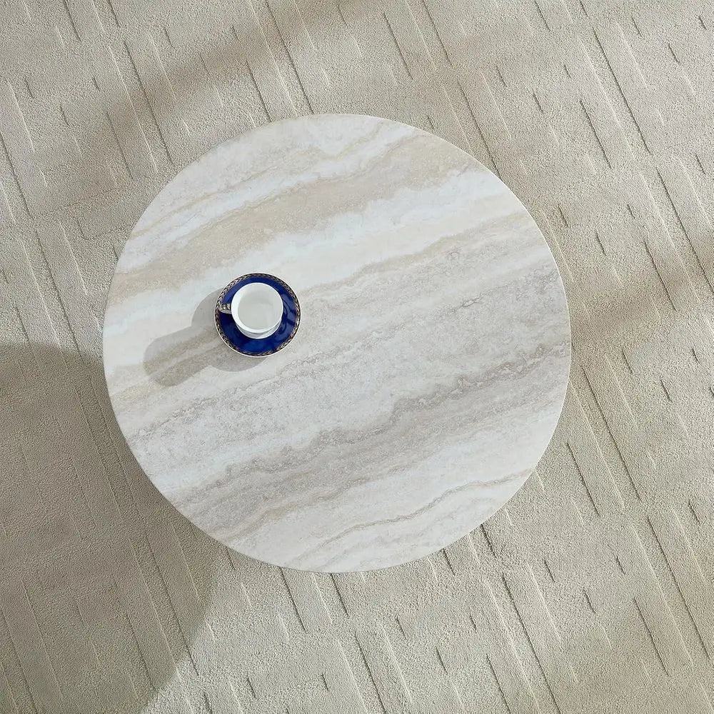 Round Marble Coffee Table with Cylindrical Leg – Fiberglass Drum Center Table for Living Room & Cocktail Area