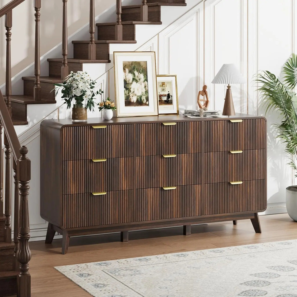 Fluted 59.1" Wide Modern Dresser for Bedroom with 9 Drawers, Tall Chest of Drawers with Metal Handle, Wooden, Customized