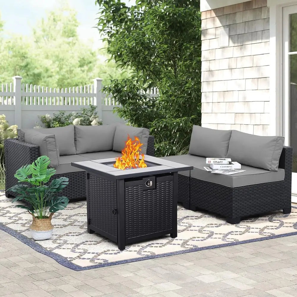 5-Piece Outdoor Patio Furniture Set with Grey Cushions, Black Rattan Wicker Sectional Sofa, Resin Couch, and Propane Fire Pit Ta