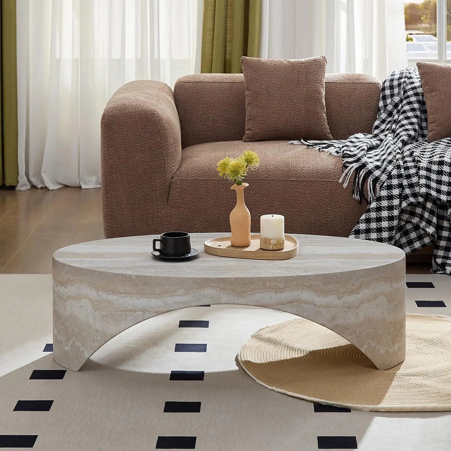 43.31'' Modern Coffee Table, Oval Faux Marble Coffee Tables Arched, Minimalist Accent Center Table, Bridge Stone Side End Table
