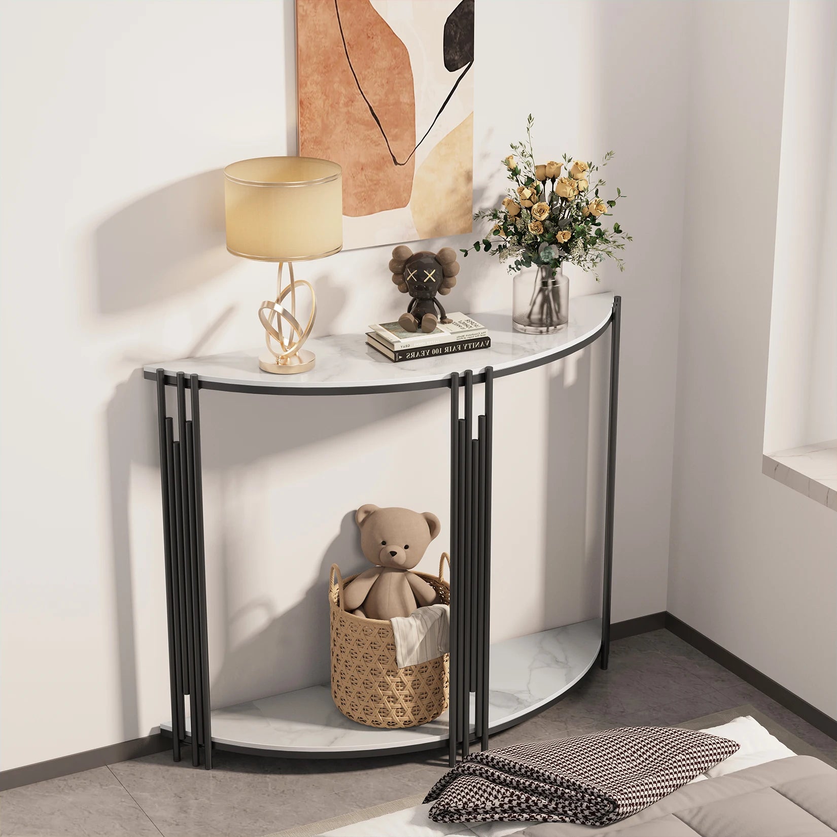 Half Moon Tiered Real Marble Entry Console Table Hallway Entryway Furniture for Entrance, Home Living Room