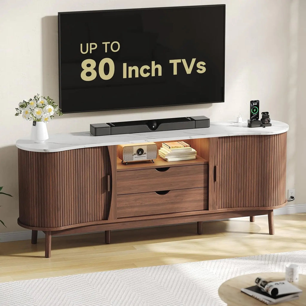 70-Inch Fluted TV Stand Entertainment Center for Tvs up to 80", Mid-Century Modern Bean-Shaped Console with Usb/Outlet, LED Lights & Storage - for Living Room, Bedroom (Black/Walnut)