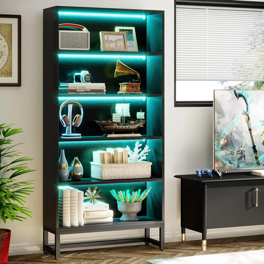 Tall Black Bookcase, 70.8 Inch Large LED Light Bookcase, 5 Tier Free Standing Storage Bookshelf for Living Room
