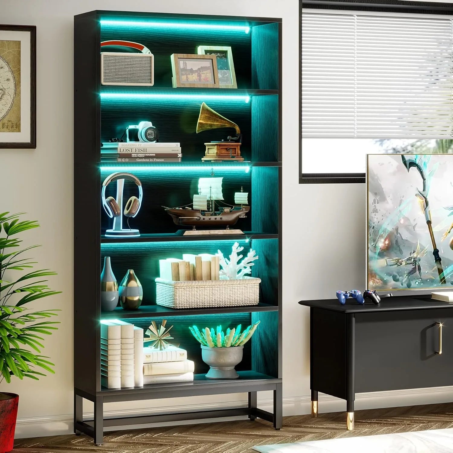 Tall Black Bookcase, 70.8 Inch Large LED Light Bookcase, 5 Tier Free Standing Storage Bookshelf for Living Room