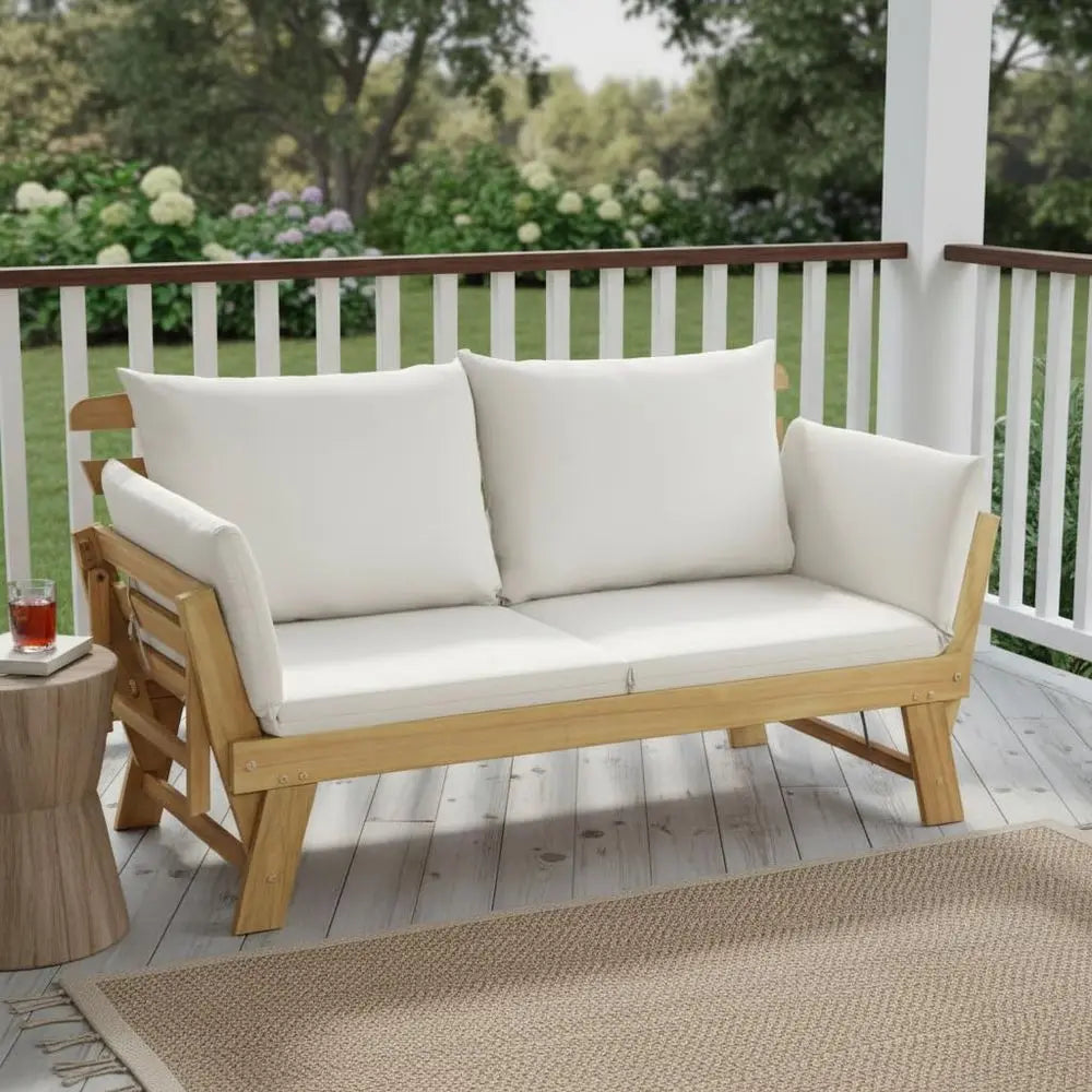 Transform Your Outdoor Space with the Convertible Acacia Wood Patio Couch Sofa Bed - Adjustable Armrests & Cozy Cushions Included!
