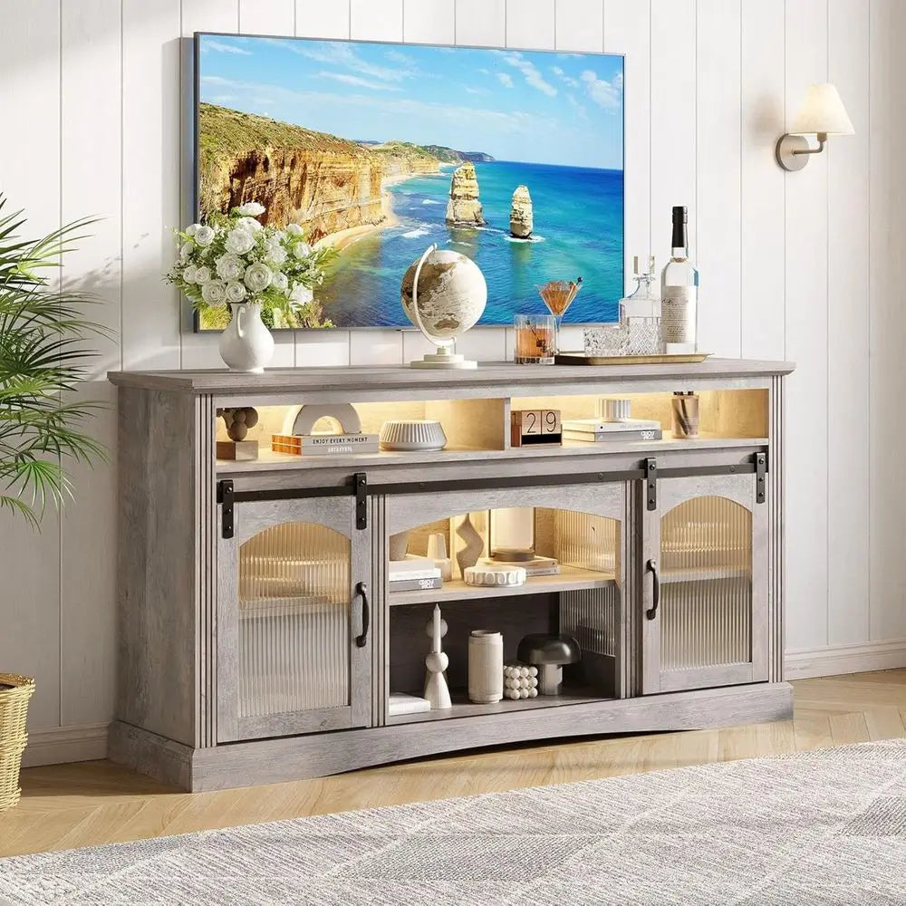 65 TV Stand with LED Lights, 33 High Entertainment Center with Glass Doors & Adjustable Shelves for Living Room/Home Theater