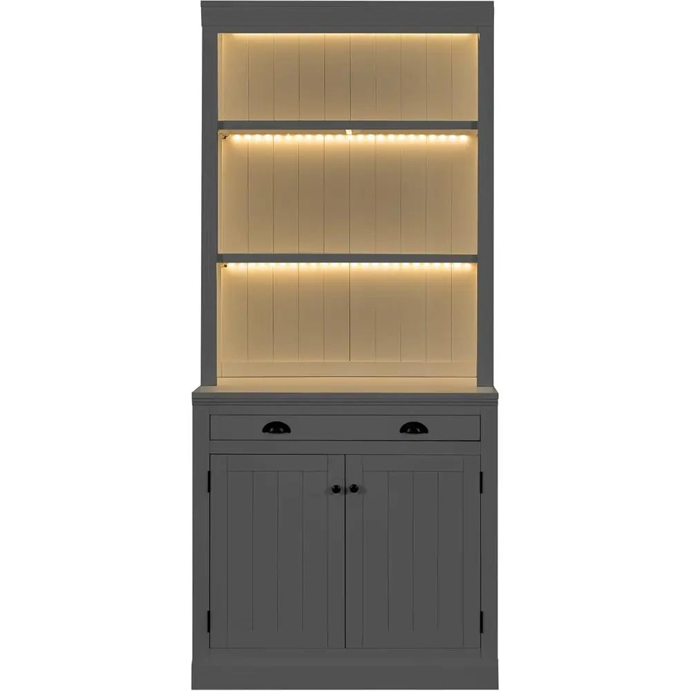 83.4 Tall White Solid Wood Bookcase with Cabinet, Drawers, Adjustable Shelves & LED Lighting for Home Office Living Room Storage