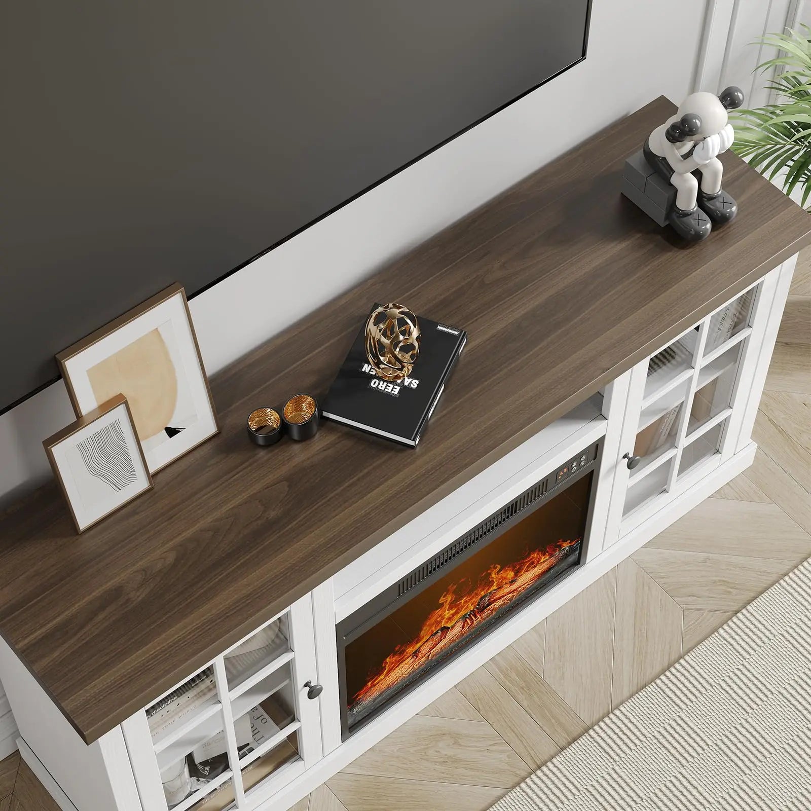 Farmhouse 59-Inch TV Stand with 23-Inch Electric Fireplace, Entertainment Center TV Table for Tvs up to 65 Inches, Media Console with Storage and Glass Doors for Living Room, White