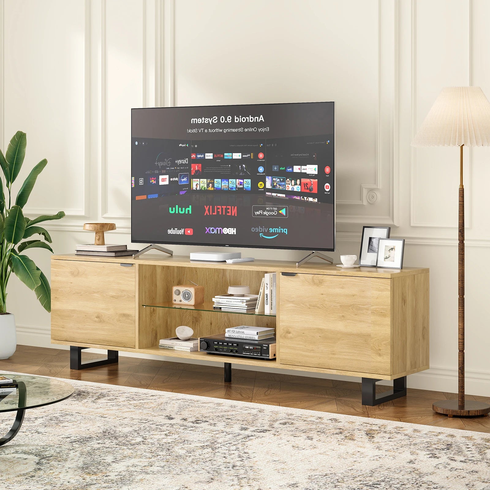 Modern TV Stand for up to 75" TV, Adjustable Glass Shelves, Wood Top & Metal Legs, Entertainment Center for Living Room