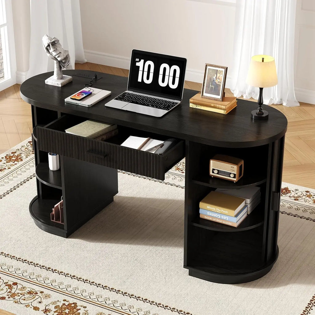 58 Inch Fluted Executive Computer Desk with Drawers & Charging Station - Mid Century Modern Storage Desk for Home Office, Living Room, Bedroom - Free Shipping - Black