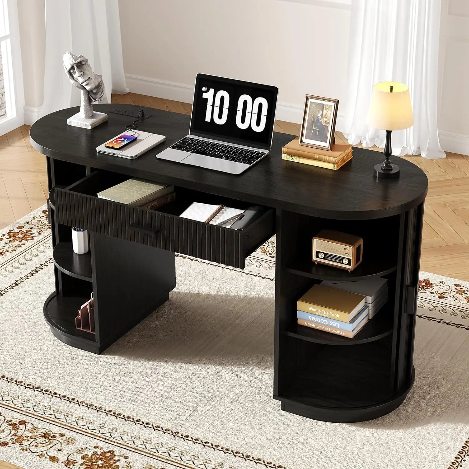 58 Inch Fluted Executive Computer Desk with Drawers & Charging Station - Mid Century Modern Storage Desk for Home Office, Living Room, Bedroom - Free Shipping - Black